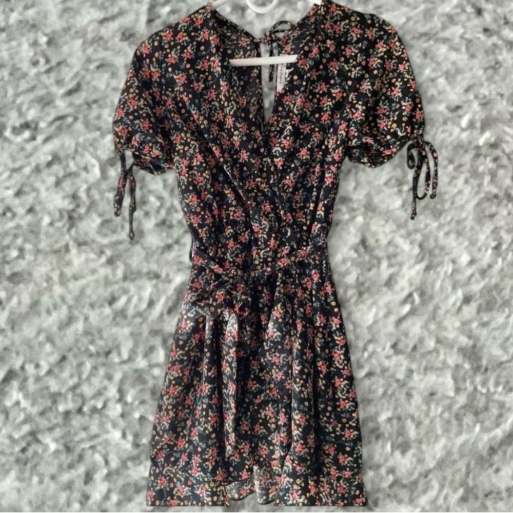 Purple Snow Black Floral Mini Dress with Pink and Red Blossoms